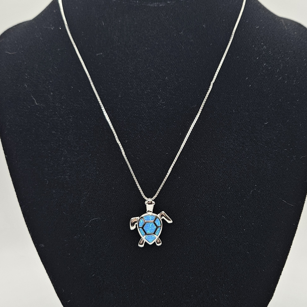 Blue Opal Turtle Pendant Necklace 925 Silver - Picture 11 of 16